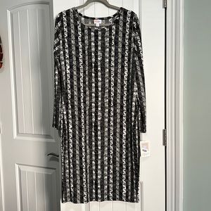 Lularoe LS Debbie black & white stripes & feathers dress, XL, NWT